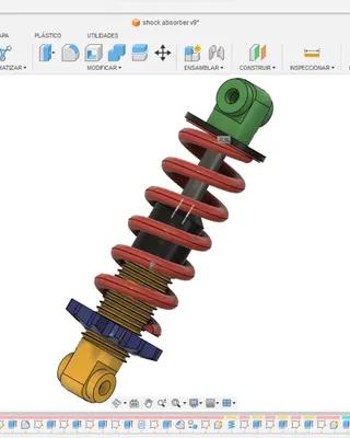 Modèle de dessin technique 3D d'une suspension de voiture avec divers composants colorés dans un logiciel de conception CAD.