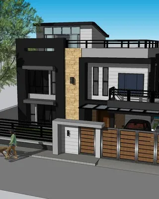 Modèle 3D d'une maison moderne à deux étages avec une façade en bois et en béton, une grande terrasse, un garage et un arbre à proximité, avec une personne marchant un chien devant la propriété.