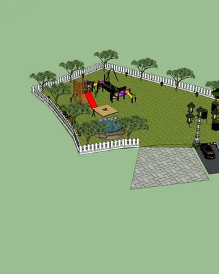 Illustration d'une cour extérieure avec pelouse, zone de jeux pour enfants, espace de restauration avec parasol, lampadaires et parking avec voitures.