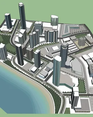 Vue aérienne d'une ville moderne avec de nombreux gratte-ciel près d'une plage, comprenant des zones vertes, des bâtiments commerciaux et résidentiels, et un réseau de routes.