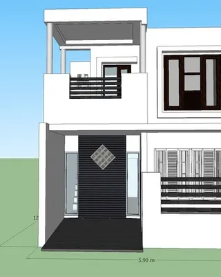 Maison moderne blanche à deux étages avec un balcon et des fenêtres à volets, vue de face sur un fond de ciel bleu.
