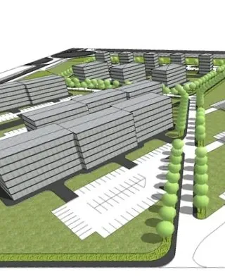 Plan architectural d'un projet immobilier avec bâtiments, parking et espaces verts.