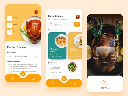 Capture d'écran d'une application mobile de gestion de nourriture, présentant un poulet rôti, des options de repas et un scan d'un plat