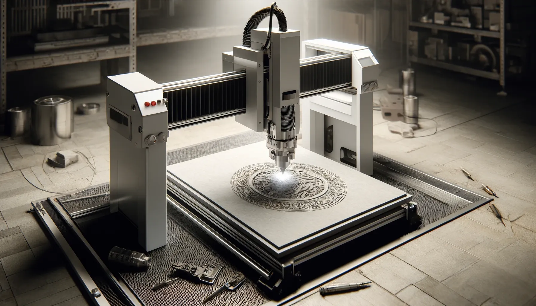 machine de gravure laser cnc sur pierre réalisant un motif
