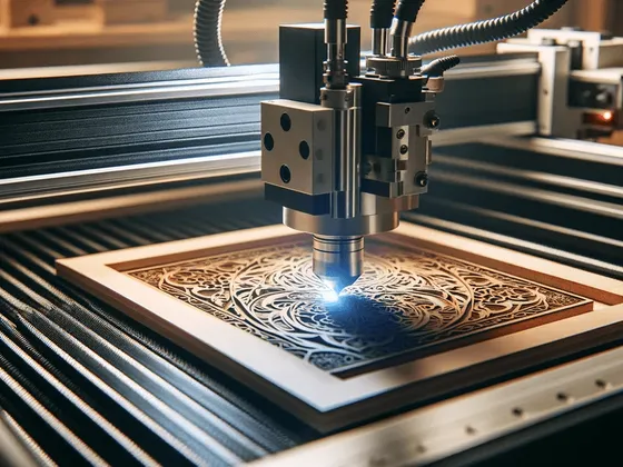 Une machine de gravure laser en fonctionnement sur un panneau en bois avec un motif complexe et ornemental.