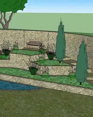 Plan d'aménagement paysager avec terrasses en pierre, végétation, arbres et bassin dans un jardin.
