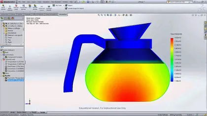 Une simulation thermique d'une cafetière dans SolidWorks montrant une répartition de la température en différentes couleurs, allant du bleu pour les températures plus basses au rouge pour les températures plus élevées.