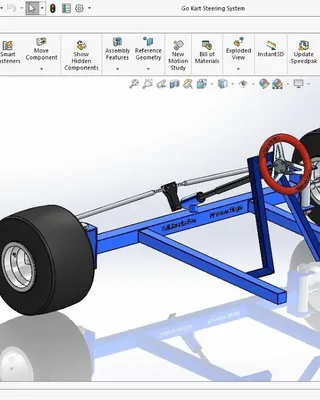 Modèle numérique d'un système de direction de kart dans SOLIDWORKS, avec un cadre bleu, un volant rouge, deux grandes roues noires, et des composants mécaniques.