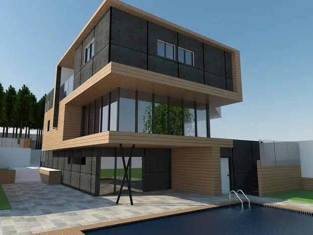 Vue d'une maison moderne à plusieurs étages avec une piscine à l'avant, entourée de murs en bois et d'arbres, sous un ciel bleu.