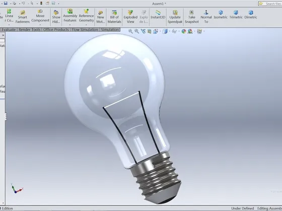 Modèle de conception 3D d'une ampoule électrique dans le logiciel SolidWorks.