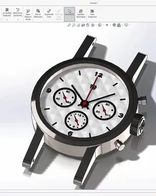 Une montre-bracelet conçue à l'aide du logiciel SOLIDWORKS, montrée en 3D avec plusieurs cadrans et boutons sur le côté.
