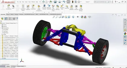 Modélisation 3D d'une suspension de voiture dans SOLIDWORKS avec différentes couleurs pour chaque composant.