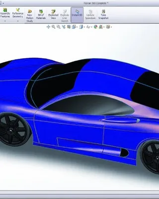 Une voiture de sport bleue 3D conçue dans le logiciel SolidWorks, vue en perspective.