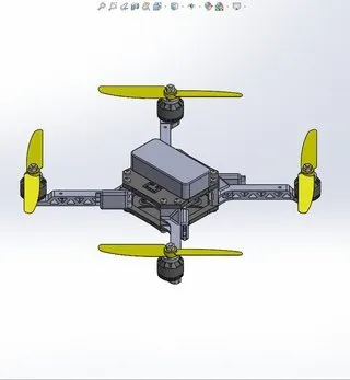 Drone quadricoptère avec quatre bras, roues, et hélices jaunes, modélisé en 3D.