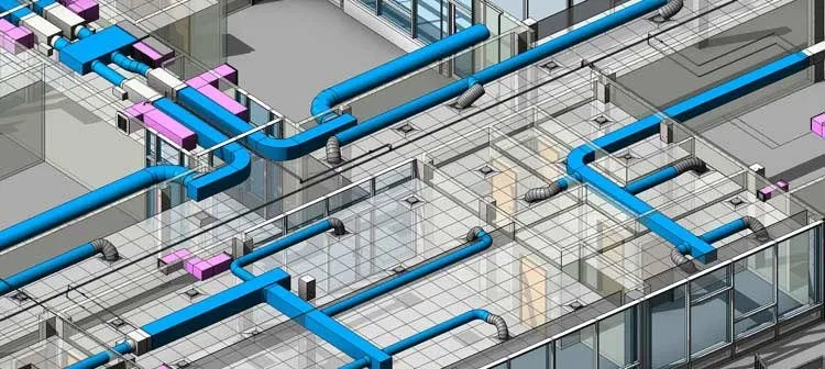 Illustration d'un système de tuyauterie industrielle avec des conduites bleues et des éléments de ventilation dans un bâtiment moderne.