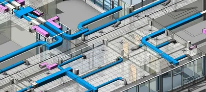 Vue d'une infrastructure mécanique et de ventilation avec des tuyaux bleus, des coffres électriques roses et des structures en verre.