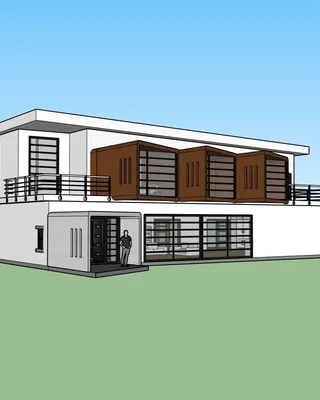 Une illustration d'une maison moderne à deux étages avec de grandes fenêtres, balcons avec rampe en métal et un homme à la porte d'entrée.