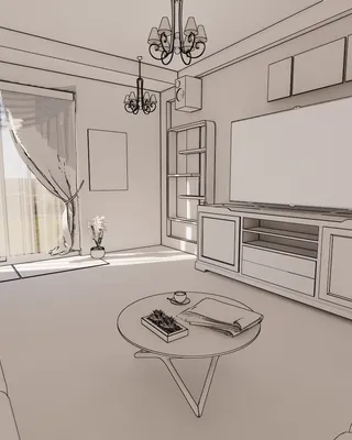 Vue intérieure d'un salon avec canapé, table basse, télévision, étagère, et fenêtres avec rideaux dans une décoration élégante.