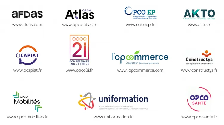 Logos des OPCO : AFDAS, Atlas, AKTO, OCAPIAT, OPCO 2i, Constructys, OPCO Mobilités, Uniformation, OPCO Santé…