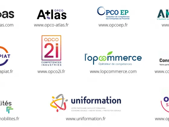 Collection de logos d'entreprises et d'organisations françaises telles que AFDAS, OPCEO, AKTO, OCAPIAT, OPCO 2i, L'opcommerce, Constructys, OPCO Mobilités, Uniformation et OPCO Santé.