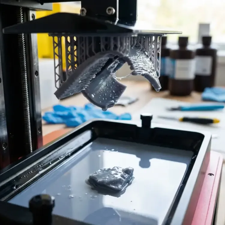 Imprimante 3D résine et pièces imprimées dans un atelier