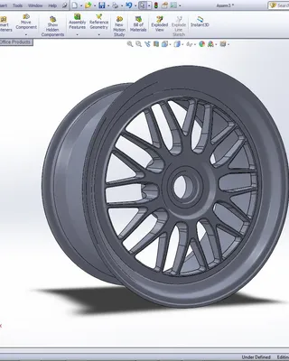 Une modélisation 3D d'une jante de voiture en software SolidWorks.