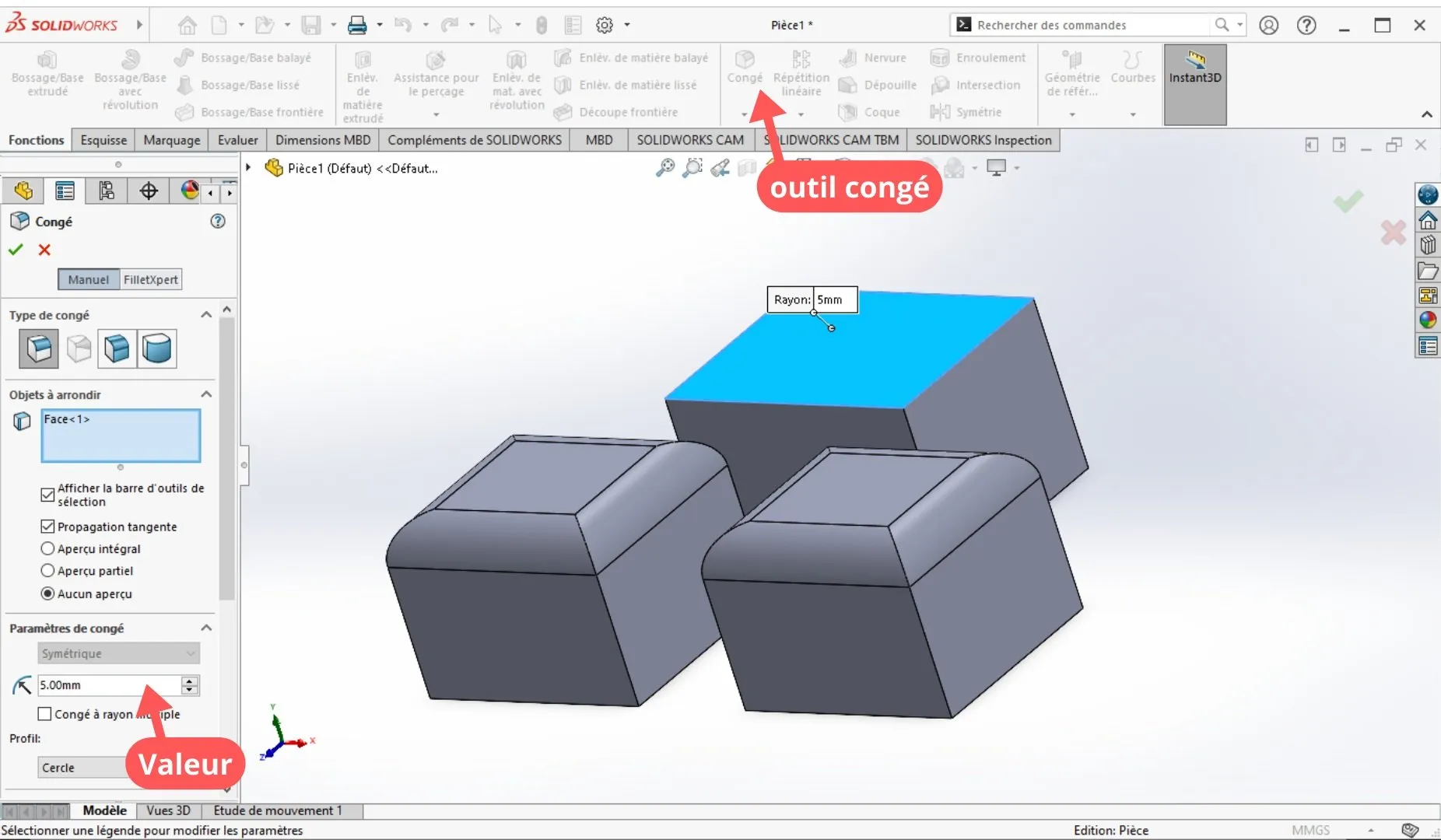 outil congé solidworks