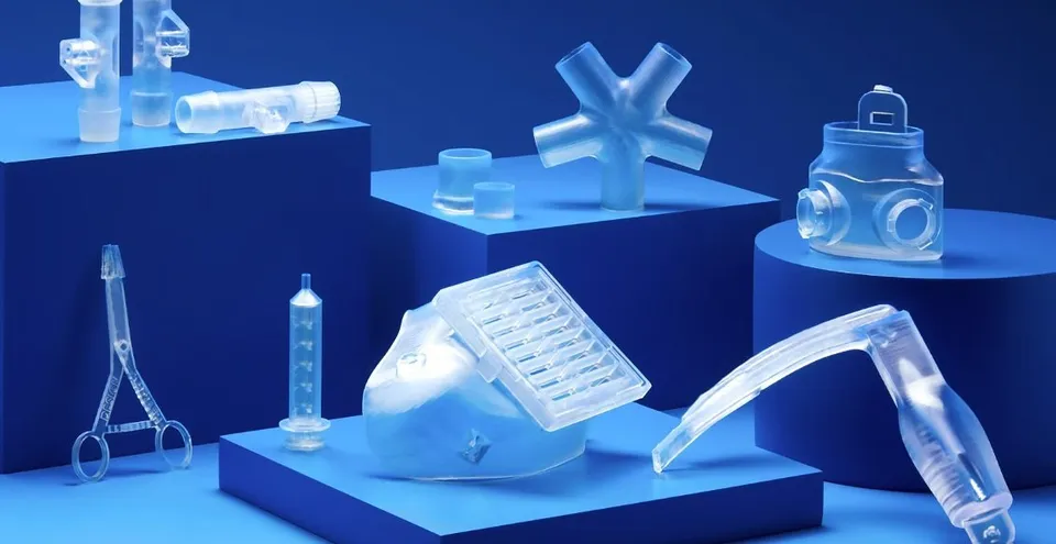 Objets en plastique transparents et médicaux, tels que un masque facial, un ventilateur, une pince, un tube, et un appareil respiratoire, exposés sur des socles bleus.