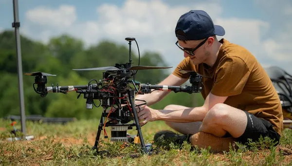 Un jeune homme en short, t-shirt marron, casquette et lunettes ajuste un drone quadricoptère sur un terrain extérieur.