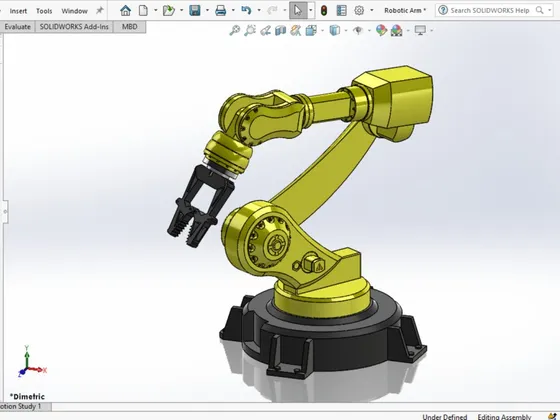 Modèle 3D d'un bras robotique jaune avec pince noire, monté sur une base noire, dans un logiciel de conception CAD.