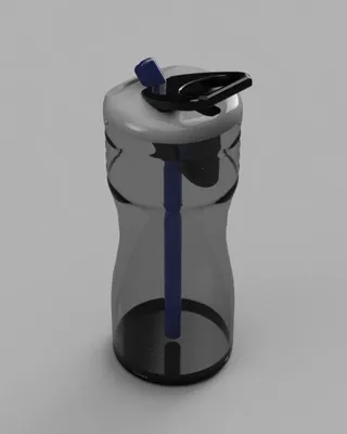 Une bouteille d'eau en plastique transparente avec un couvercle noir et une paille bleue.