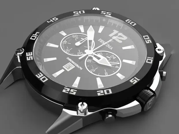 Montre chronographe noire avec cadran numérique et analogique, boutons sur le côté, affichage de la date.