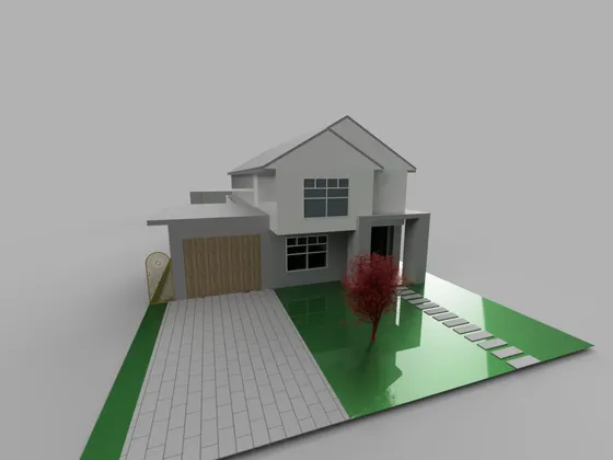 Modèle numérique d'une maison moderne avec jardin, arbre rouge et chemin pavé en rectiligne