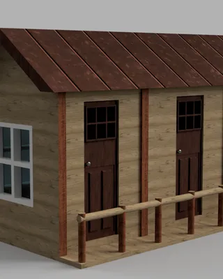 Modèle 3D d'une petite cabane en bois avec un balcon en bois, un toit en bardeaux de bois et une fenêtre à gauche.