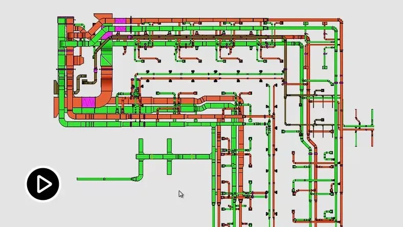 Plan technique de plomberie avec des conduits en rouge, vert, noir et violet.