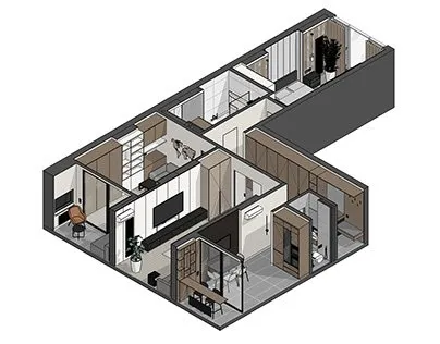 Plan d'appartement en 3D avec différentes pièces comme salon, cuisine, chambres, et salle de bain.