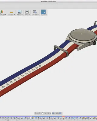 Modèle de design 3D d'une montre avec un bracelet coloré rouge, blanc et bleu, dans le logiciel Fusion 360.