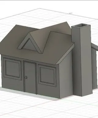 Modèle 3D d'une petite maison avec une cheminée et un toit à plusieurs pans.