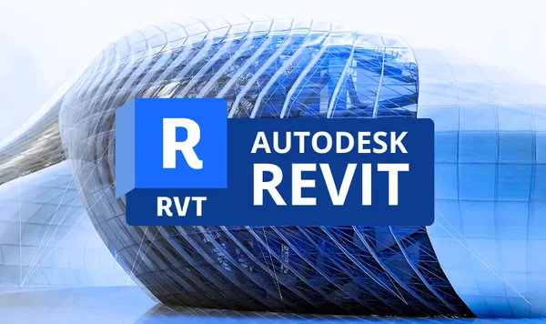 Logo du logiciel Autodesk Revit avec un bâtiment contemporain en arrière-plan