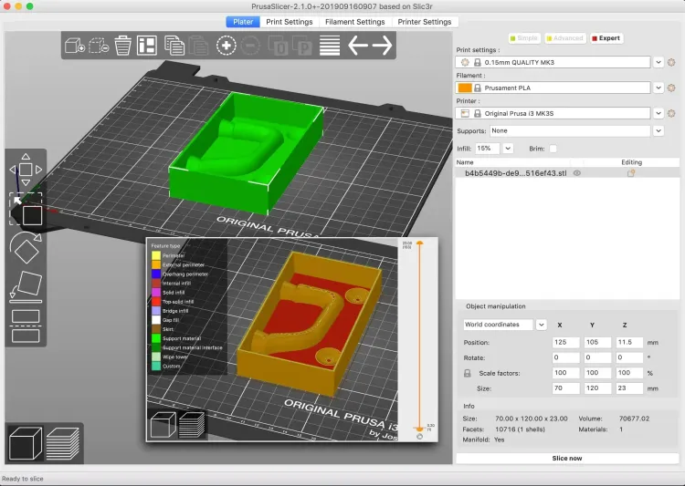 Interface d'un slicer d'impression 3D affichant une pièce découpée en couches