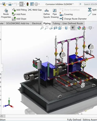 Modélisation 3D d'un dispositif anticorrosion avec tuyaux, vannes, compteurs, et un panneau de contrôle, présenté dans SolidWorks.