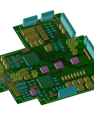 Un circuit imprimé 3D avec divers composants électroniques colorés.