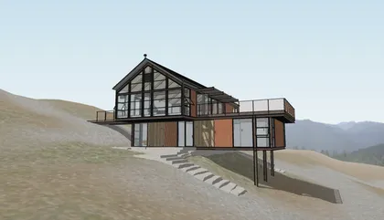 Une maison moderne en béton et en verre construite sur une pente montagneuse avec un escalier en pierre menant à l'entrée et une terrasse en haut.