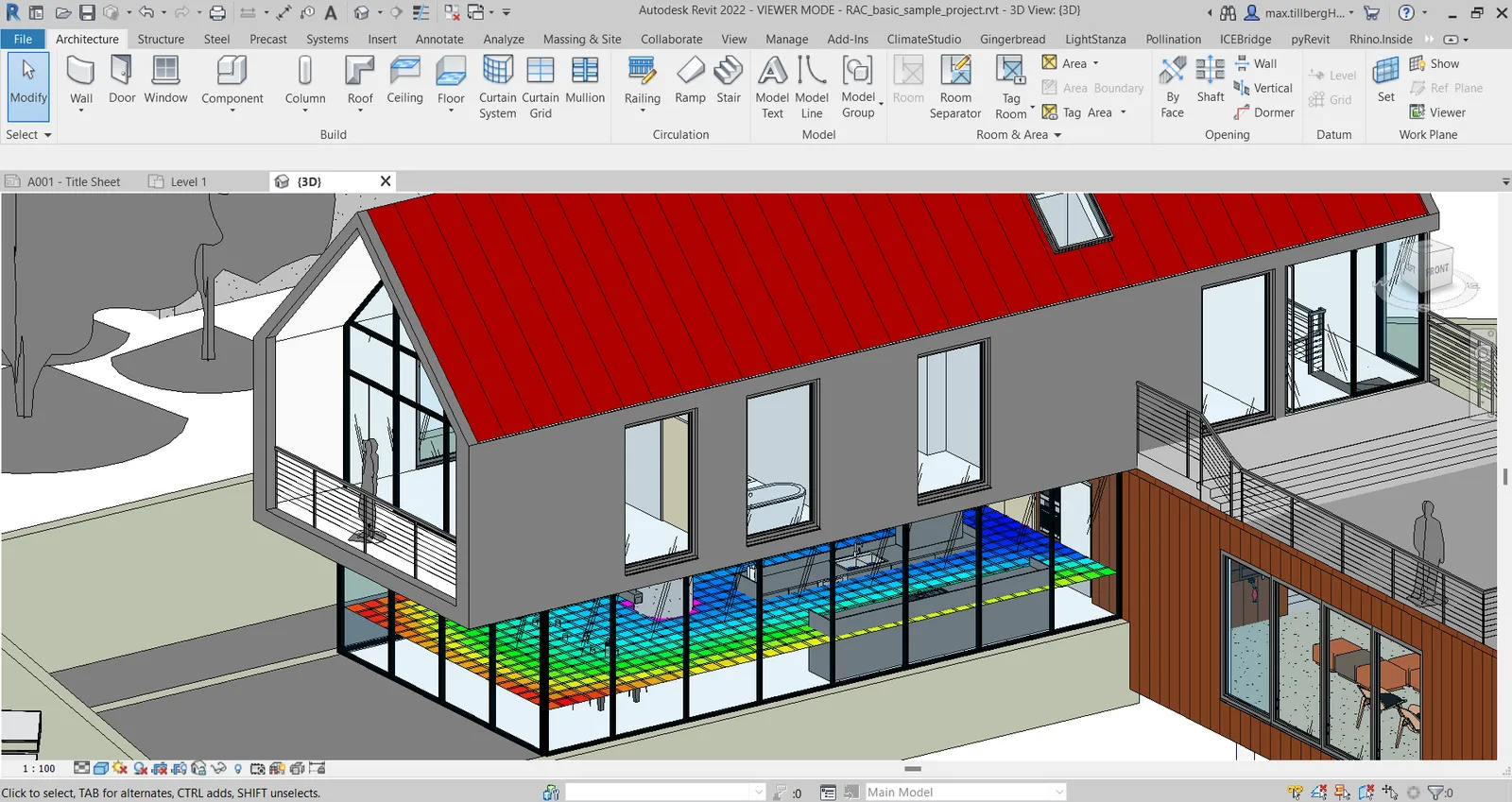 Modèle 3D d'une maison moderne avec façade en verre, toit rouge en métal, et balcon en extérieur.