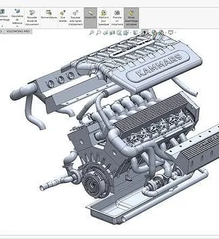 Modèle 3D d'un moteur thermique avec plusieurs composants visibles, créé dans un logiciel de conception assistée par ordinateur (CAO).